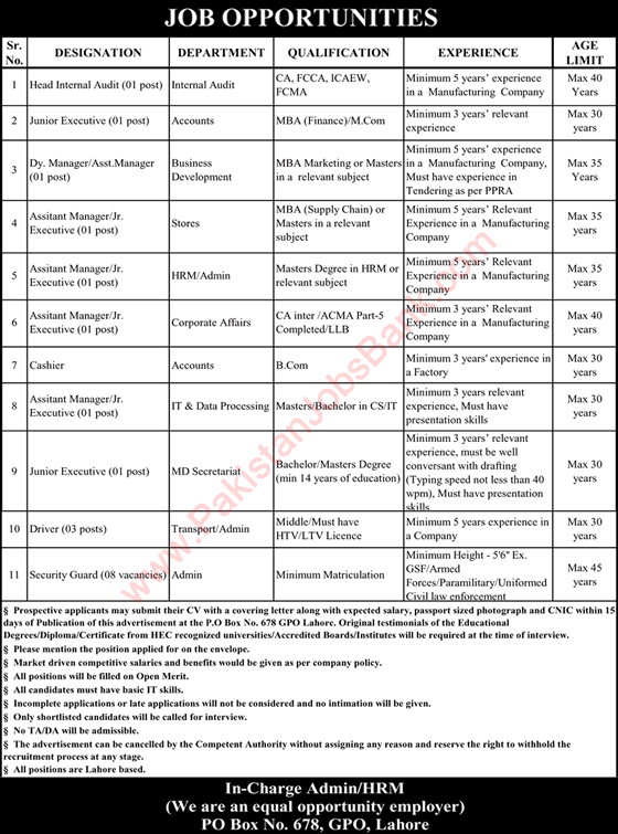 PO Box 678 GPO Lahore Jobs 2019 May Assistant Managers, Cashier, Security Guards & Others Latest