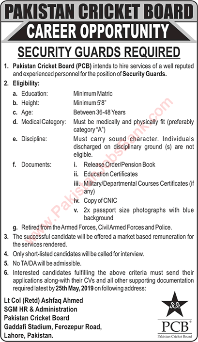 Security Guard Jobs in Pakistan Cricket Board (PCB) 2019 May Retired Army / Police Personnel Latest
