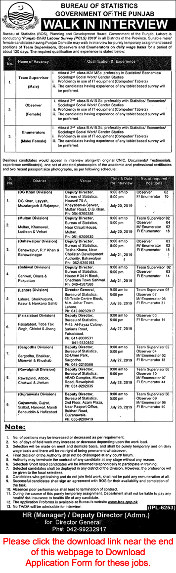 Bureau of Statistics Punjab Jobs July 2019 Enumerators, Observers & Team Supervisors Walk in Interview Latest