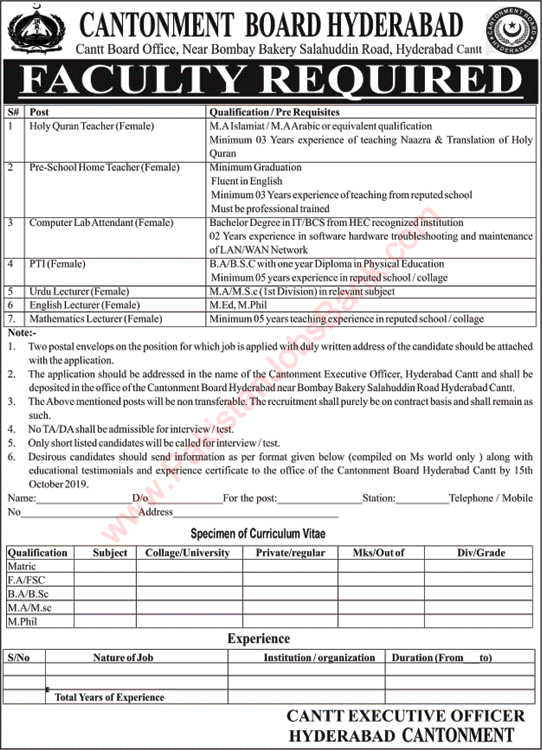 Cantonment Board Hyderabad Jobs 2019 October Teaching Faculty & Others Latest