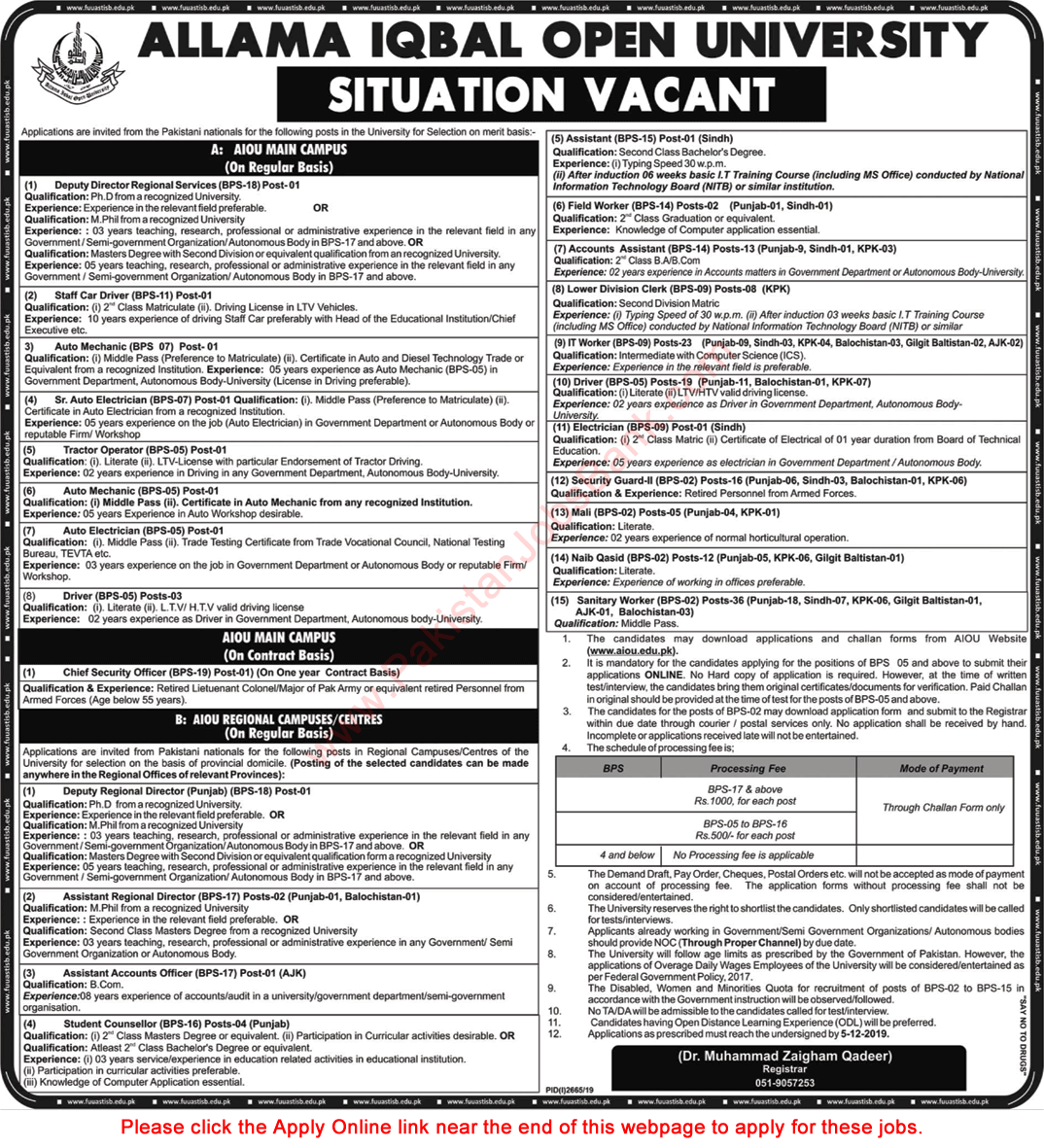 AIOU Jobs November 2019 Apply Online IT Workers, Clerks, Drivers & Others Latest