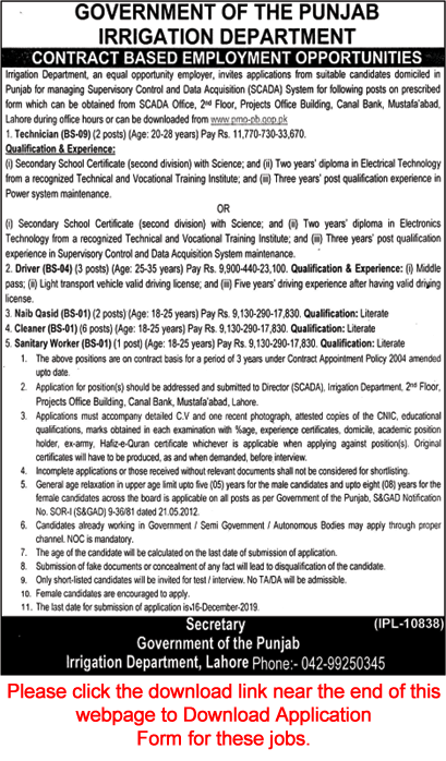 Irrigation Department Punjab Jobs November 2019 Application Form Download Latest