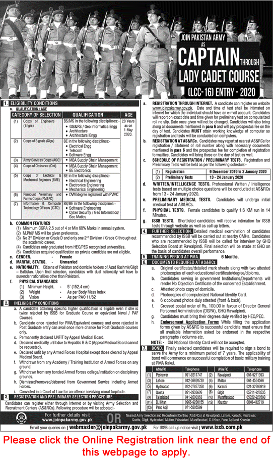 Join Pakistan Army as Captain through Lady Cadet Court December 2019 Online Registration Latest