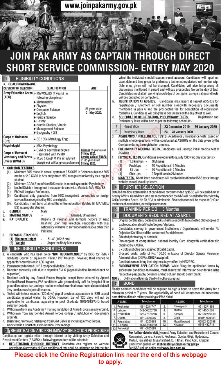 Join Pakistan Army as Captain December 2019 through Direct Short Service Commission Online Registration Latest