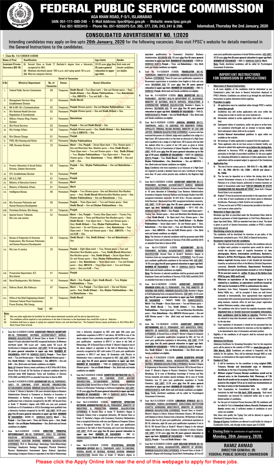 FPSC Assistant Private Secretary Jobs 2020 January Online Application Form Latest