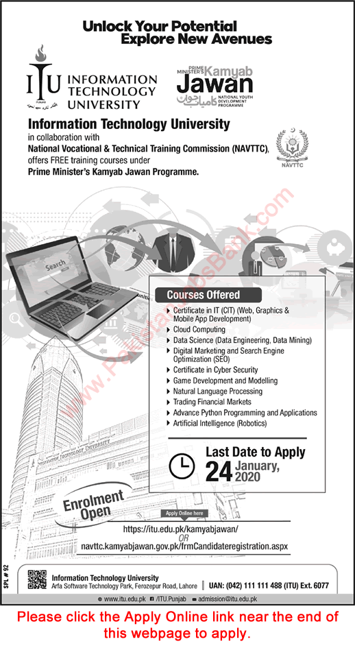 Information Technology University Lahore Free Courses 2020 January Apply Online ITU NAVTTC Latest
