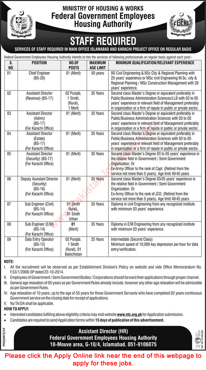 Federal Government Employees Housing Authority Jobs 2020 NTS Online Application Form FGEHA Latest