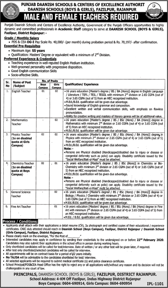 Daanish School Fazilpur Jobs 2020 January Rajanpur Teaching Faculty Centre of Excellence Authority Latest