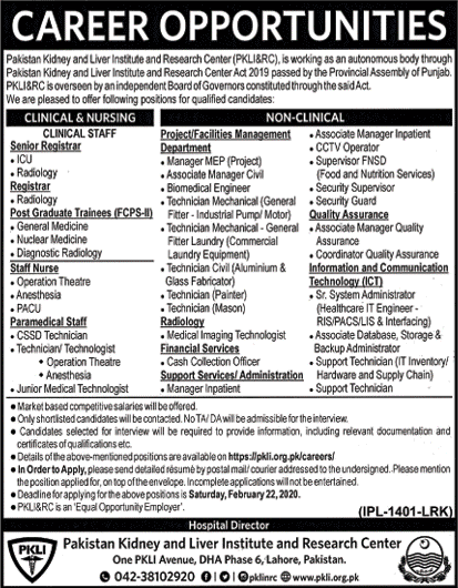 Pakistan Kidney and Liver Institute Jobs 2020 February PKLI Medical Technicians, Nurses & Others Latest