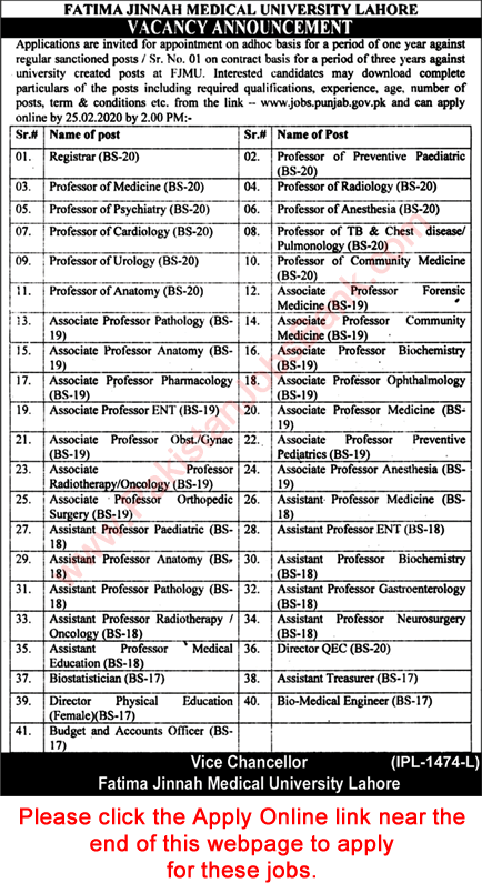 Fatima Jinnah Medical University Lahore Jobs 2020 February FJMU Apply Online Teaching Faculty & Others Latest
