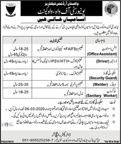 University of Wah Jobs 2020 February UOW Office Assistant, Driver & Others Latest