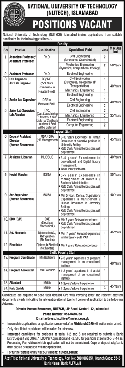 NUTECH University Islamabad Jobs 2020 February / March National University of Technology Latest