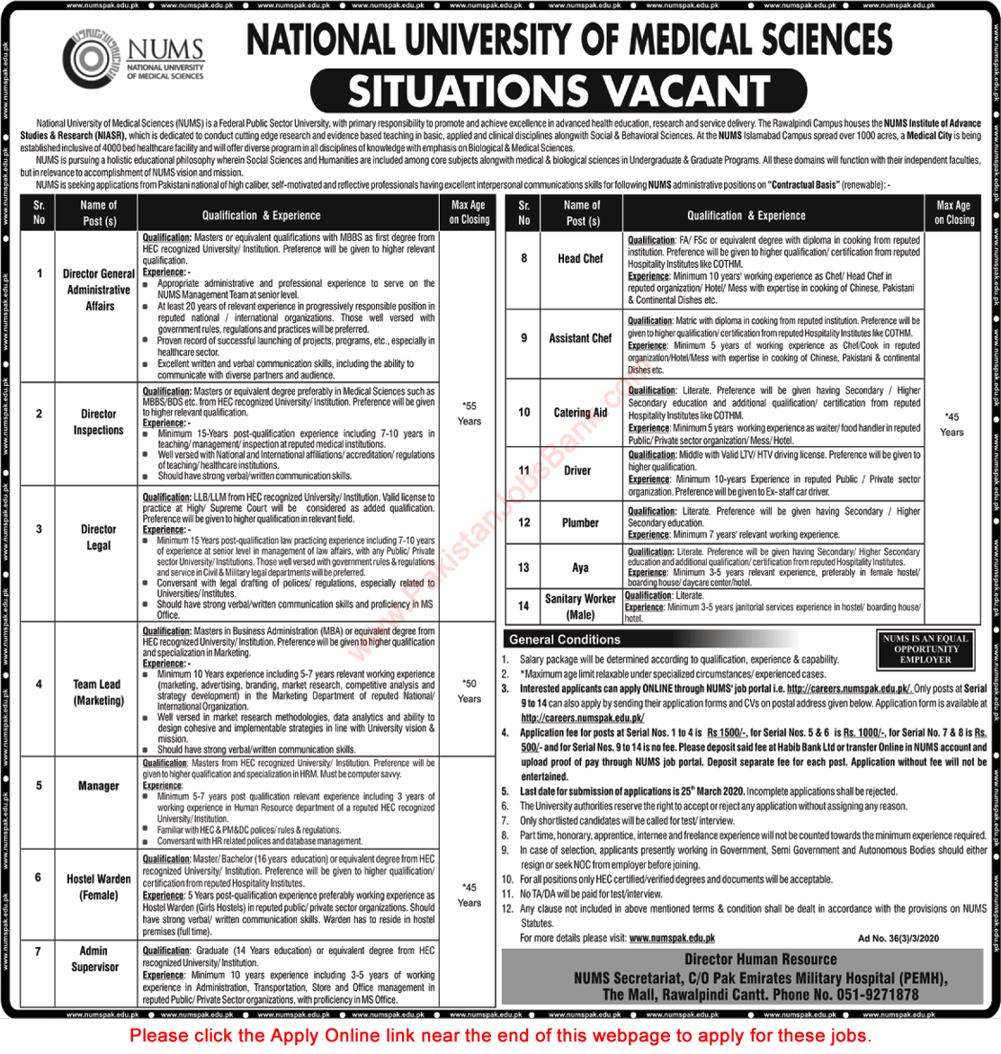 NUMS University Rawalpindi Jobs March 2020 Apply Online National University of Medical Sciences Latest