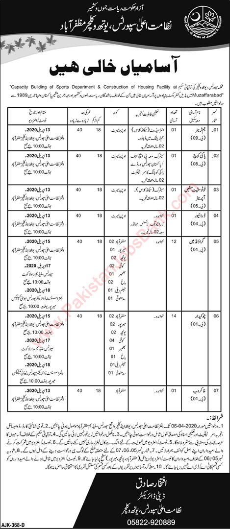 Sports Youth and Culture Department AJK Jobs 2020 March Muzaffarabad Chowkidar, Groundman & Others Latest