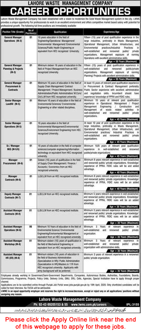 Lahore Waste Management Company Jobs 2020 March LWMC Apply Online Assistant Managers & Others Latest