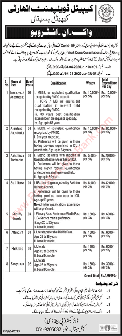 CDA Hospital Islamabad Jobs 2020 March / April Nurses, Security Guards & Others Walk in Interviews Latest