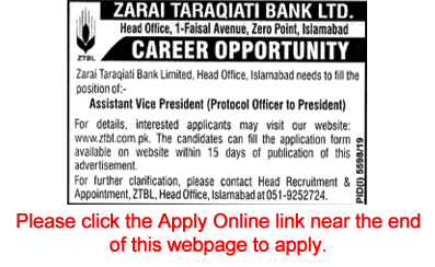 Assistant Vice President Jobs in ZTBL 2020 April Apply Online Protocol Officer to President Latest