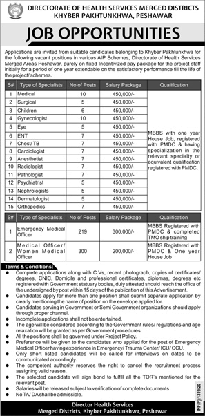Directorate of Health Services KPK Jobs 2020 April Medical Officers / Specialists Latest