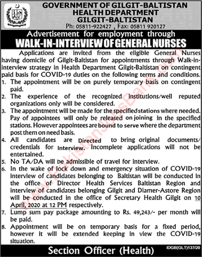 Nurse Jobs in Health Department Gilgit Baltistan 2020 April Walk In Interview COVID-19 Latest