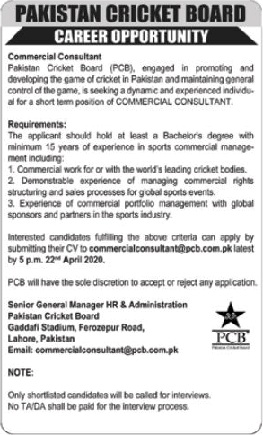 Commercial Consultant Jobs in Pakistan Cricket Board April 2020 PCB Latest