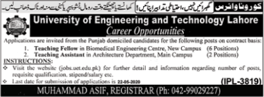 UET Lahore Jobs May 2020 Application Form Teaching Fellow / Assistant Latest