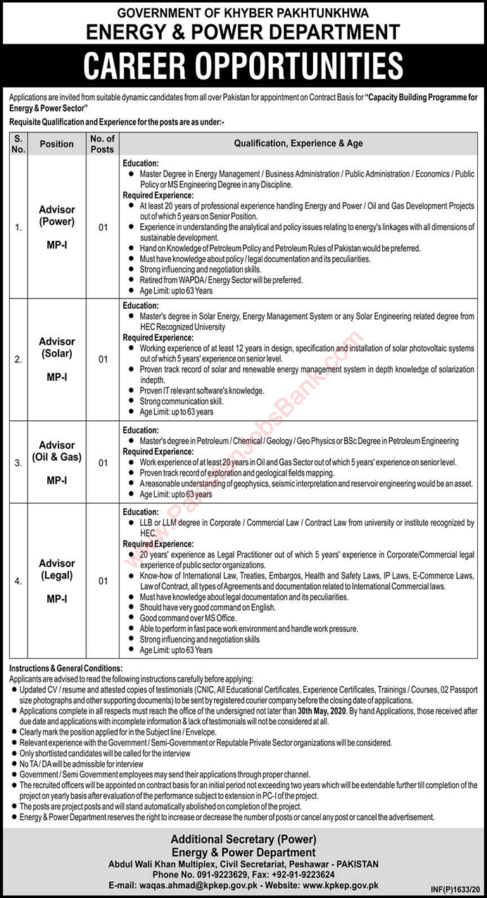 Advisor Jobs in Energy and Power Department KPK 2020 May Latest