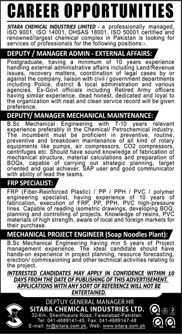 Sitara Chemical Industries Faisalabad Jobs 2020 May Mechanical Engineers & Others Latest