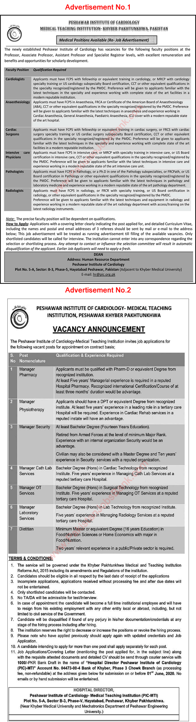 Peshawar Institute of Cardiology Jobs 2020 May Medical Teaching Institution KPK Latest