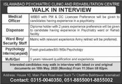 Islamabad Psychiatric Clinic and Rehabilitation Center Jobs 2020 May Medical Officer & Others Walk in Interview Latest