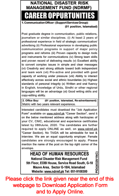 NDRMF Islamabad Jobs 2020 May / June Online Application Form Communication Officer & Office Boy Latest