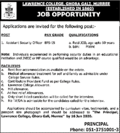Security Officer Jobs in Lawrence College Murree 2020 June Ex / Retired Army Personnel Latest