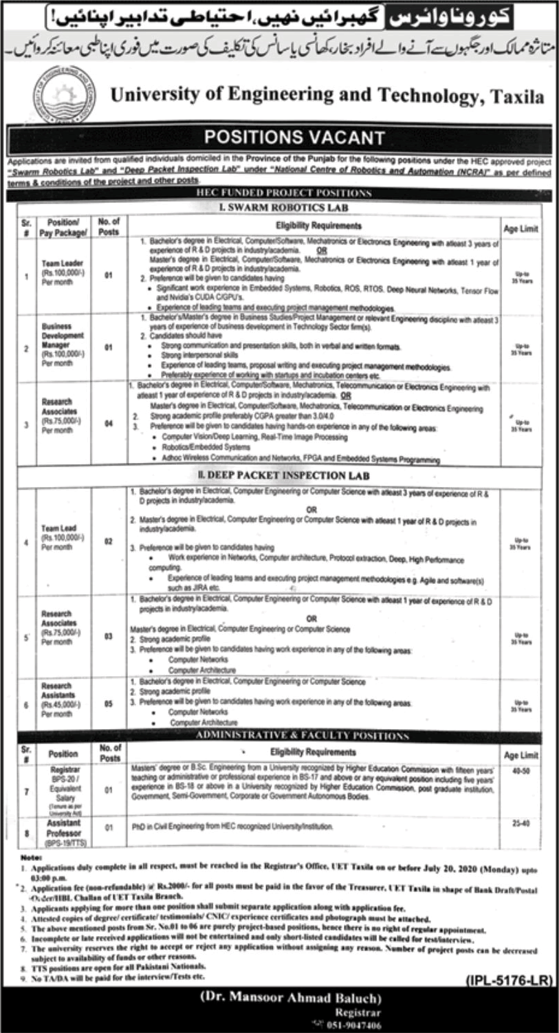 UET Taxila Jobs June 2020 Research Associates / Assistants, Team Leaders & Others Latest