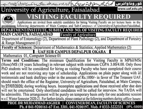 University of Agriculture Faisalabad Jobs July 2020 Visiting Faculty Latest