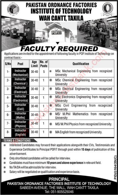 Instructor Jobs in POF Institute of Technology Wah Cantt Taxila 2020 July POFIT Latest