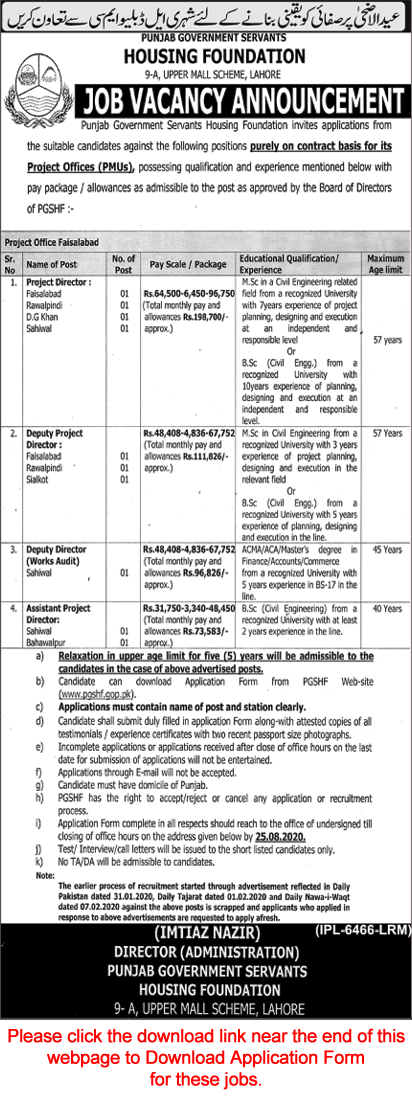 Deputy / Project Director Jobs in Punjab Government Servants Housing Foundation 2020 August PGSHF Application Form Latest