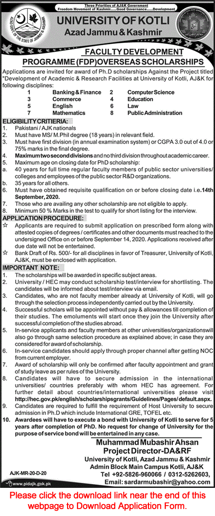 University of Kotli Overseas PhD Scholarships 2020 August Application Form Faculty Development Program Latest