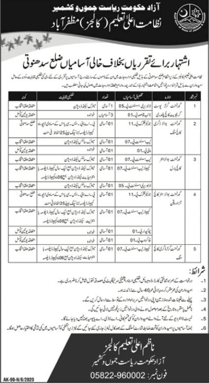 Directorate of Higher Education Colleges AJK Jobs 2020 September Lab Assistants, Clerks, Naib Qasid & Others Latest