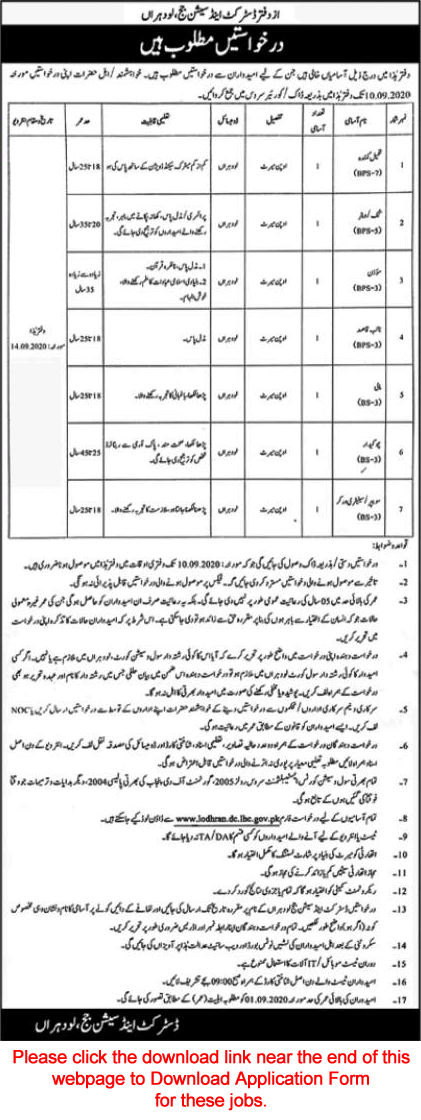 District and Session Court Lodhran Jobs 2020 September Application Form Naib Qasid & Others Latest