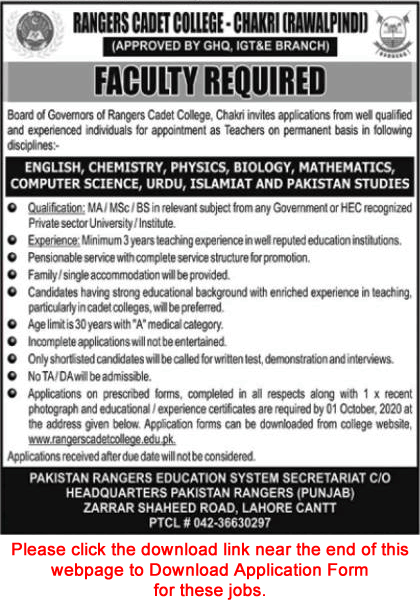 Rangers Cadet College Chakri Rawalpindi Jobs 2020 September Application Form Teaching Faculty Latest