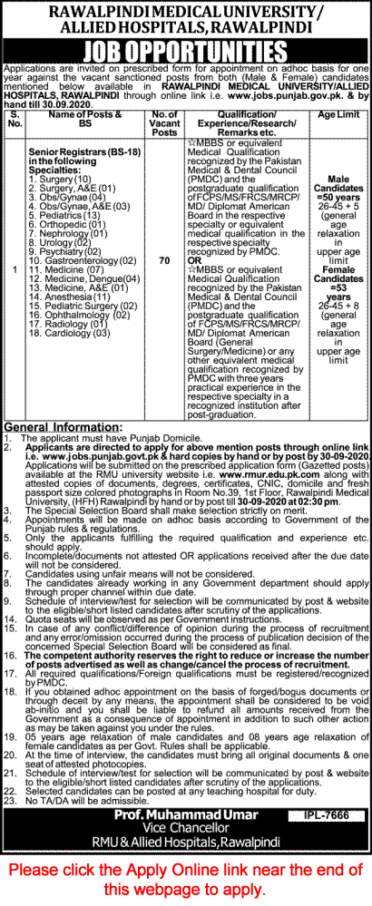Senior Registrar Jobs in Rawalpindi Medical University September 2020 RMU Online Application Form Latest