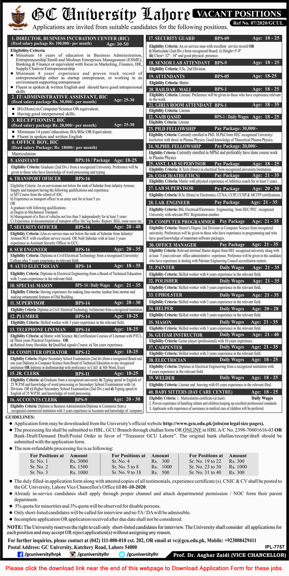 GC University Lahore Jobs September 2020 GCU Application Form Government College University Latest