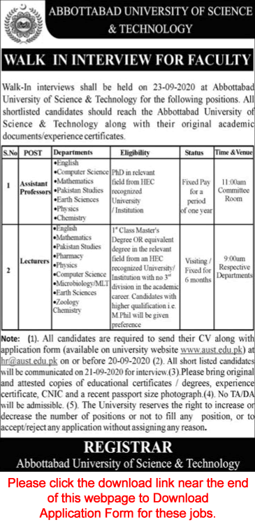 Abbottabad University of Science and Technology Jobs 2020 September Application Form Walk In Interview Latest