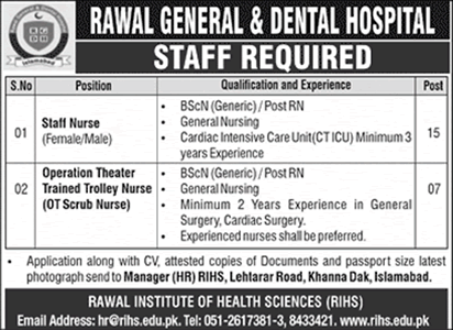 Rawal General and Dental Hospital Islamabad Jobs 2020 September Staff Nurses & OT Nurses Latest