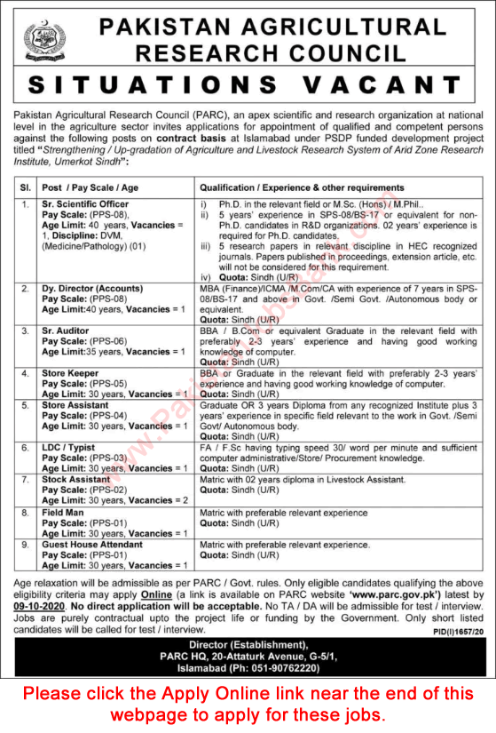 Pakistan Agricultural Research Council Jobs 2020 September Apply Online PARC Latest