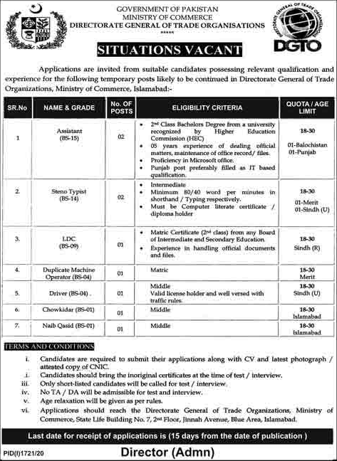 Ministry of Commerce Jobs October 2020 Islamabad DGTO Directorate General of Trade Organizations Latest