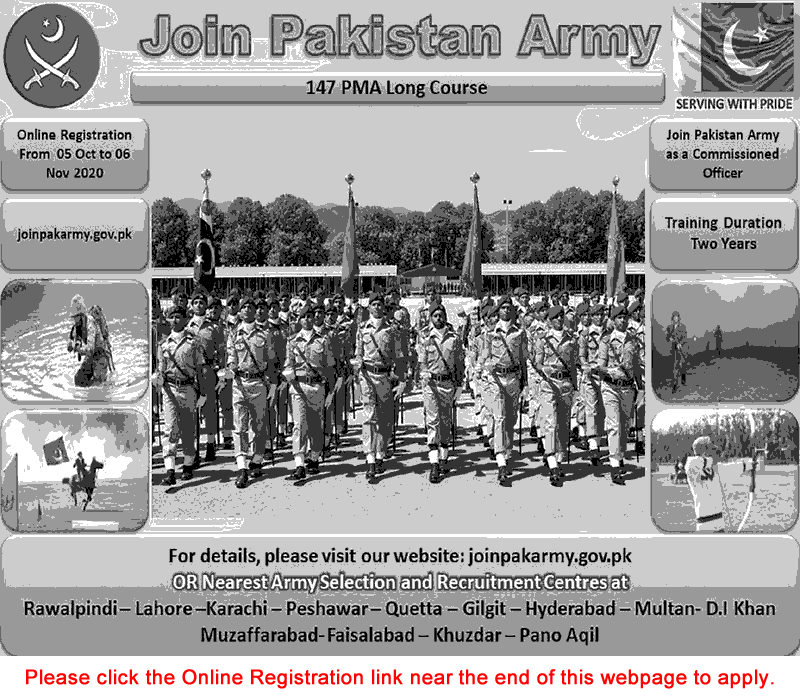 Join Pakistan Army as Commissioned Officer October 2020 through 147 PMA Long Course Online Registration Latest