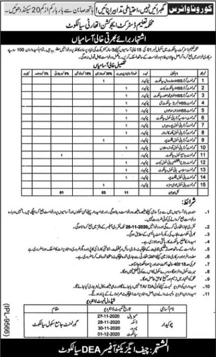 Chowkidar Jobs in Education Department Sialkot November 2020 District Education Authority (DEA) Latest