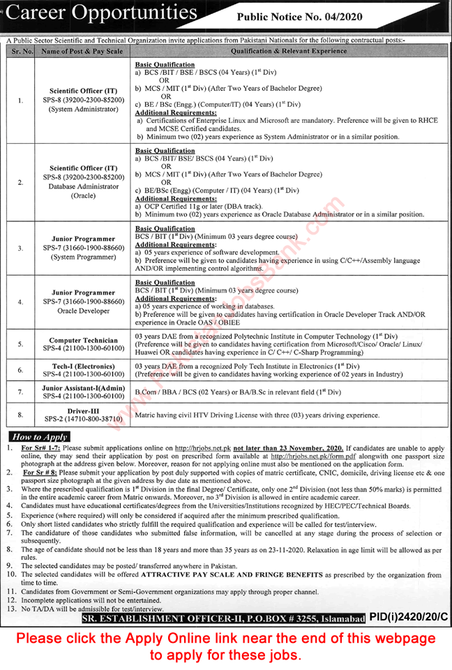 PO Box 3255 Islamabad Jobs November 2020 Apply Online Public Sector Scientific and Technical Organization Latest