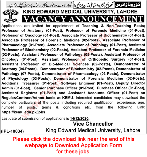 King Edward Medical University Lahore Jobs November 2020 Application Form Teaching Faculty & Others Latest