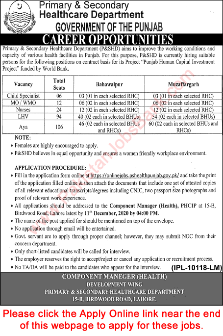 Primary and Secondary Healthcare Department Punjab Jobs November 2020 Apply Online Aya & Others Latest